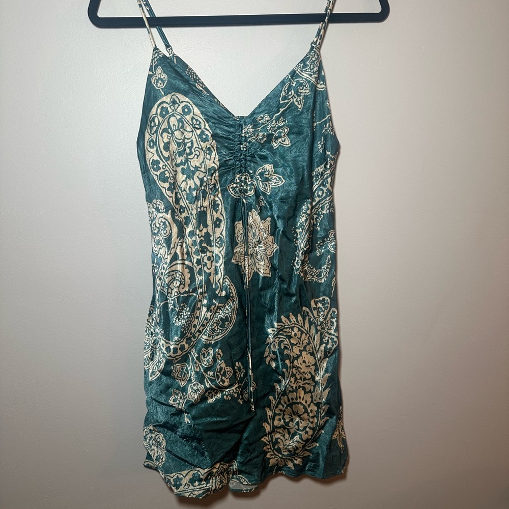 Zara Women’s Size M Teal Y2K Ruched Tie Front Satin‎ Effect Mini Slip Dress